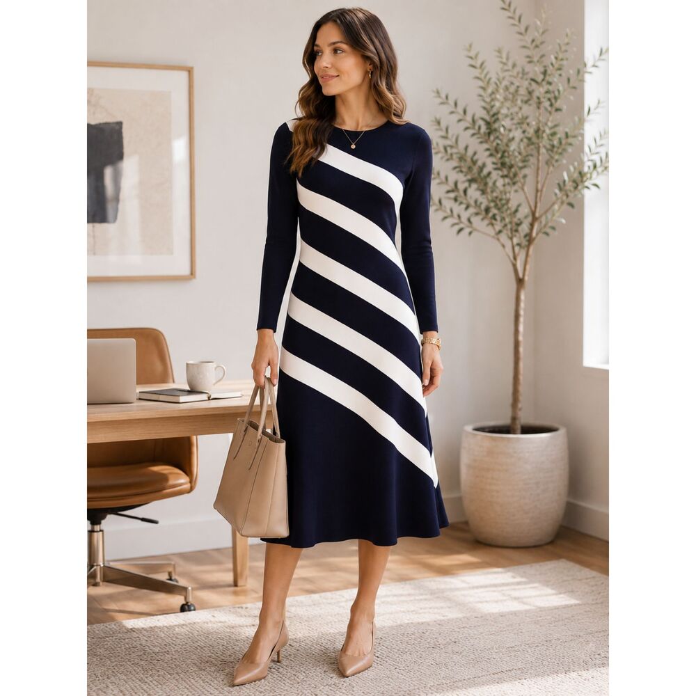 Ann Taylor Merino Wool Midi Sweater Dress Blue White Striped Bias Cut XS